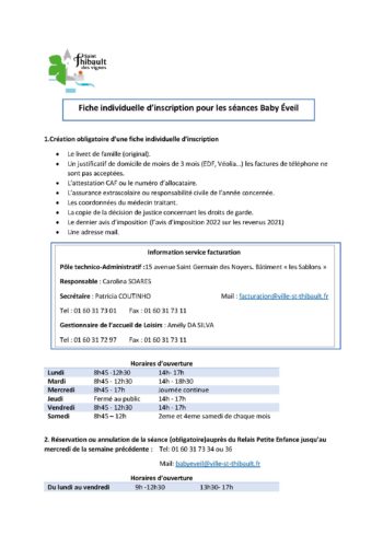 Fiche individuelle inscription Baby éveil